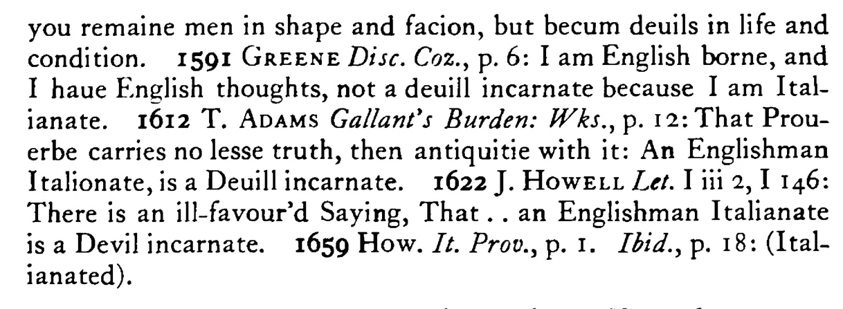 An ENGLISHMAN Italianate is a devil incarnate - a scanned entry from Tilley's 1950 Dictionary of Proverbs. (continuation)