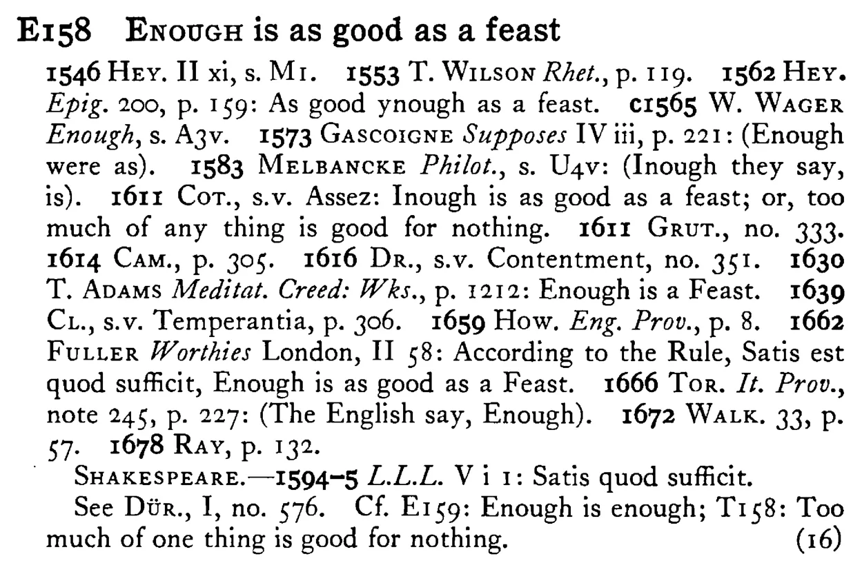 ENOUGH is as good as a feast - a scanned entry from Tilley's 1950 Dictionary of Proverbs.