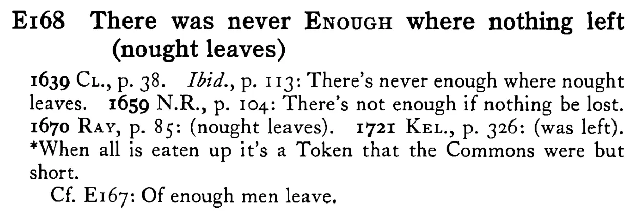 There was never ENOUGH where nothing left (nought leaves) - a scanned entry from Tilley's 1950 Dictionary of Proverbs.