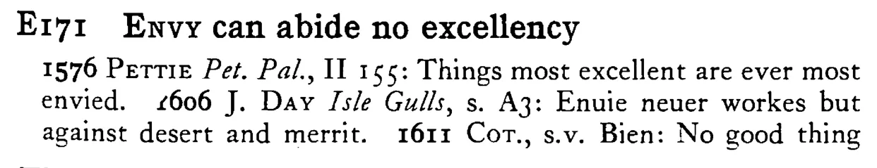 ENVY can abide no excellency - a scanned entry from Tilley's 1950 Dictionary of Proverbs.