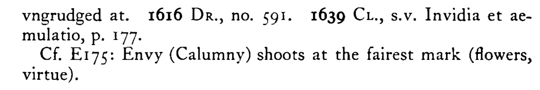 ENVY can abide no excellency - a scanned entry from Tilley's 1950 Dictionary of Proverbs. (continuation)