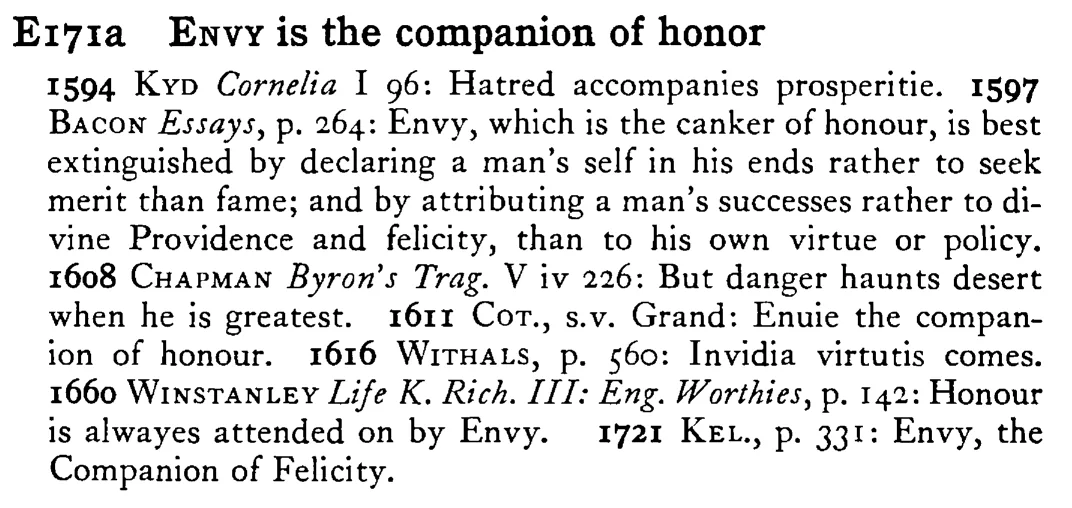 ENVY is the companion of honor - a scanned entry from Tilley's 1950 Dictionary of Proverbs.