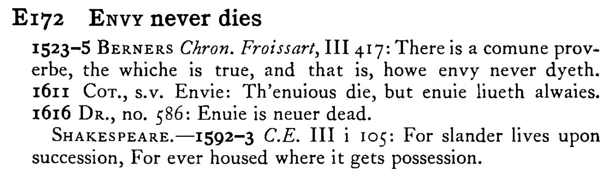 ENVY never dies - a scanned entry from Tilley's 1950 Dictionary of Proverbs.