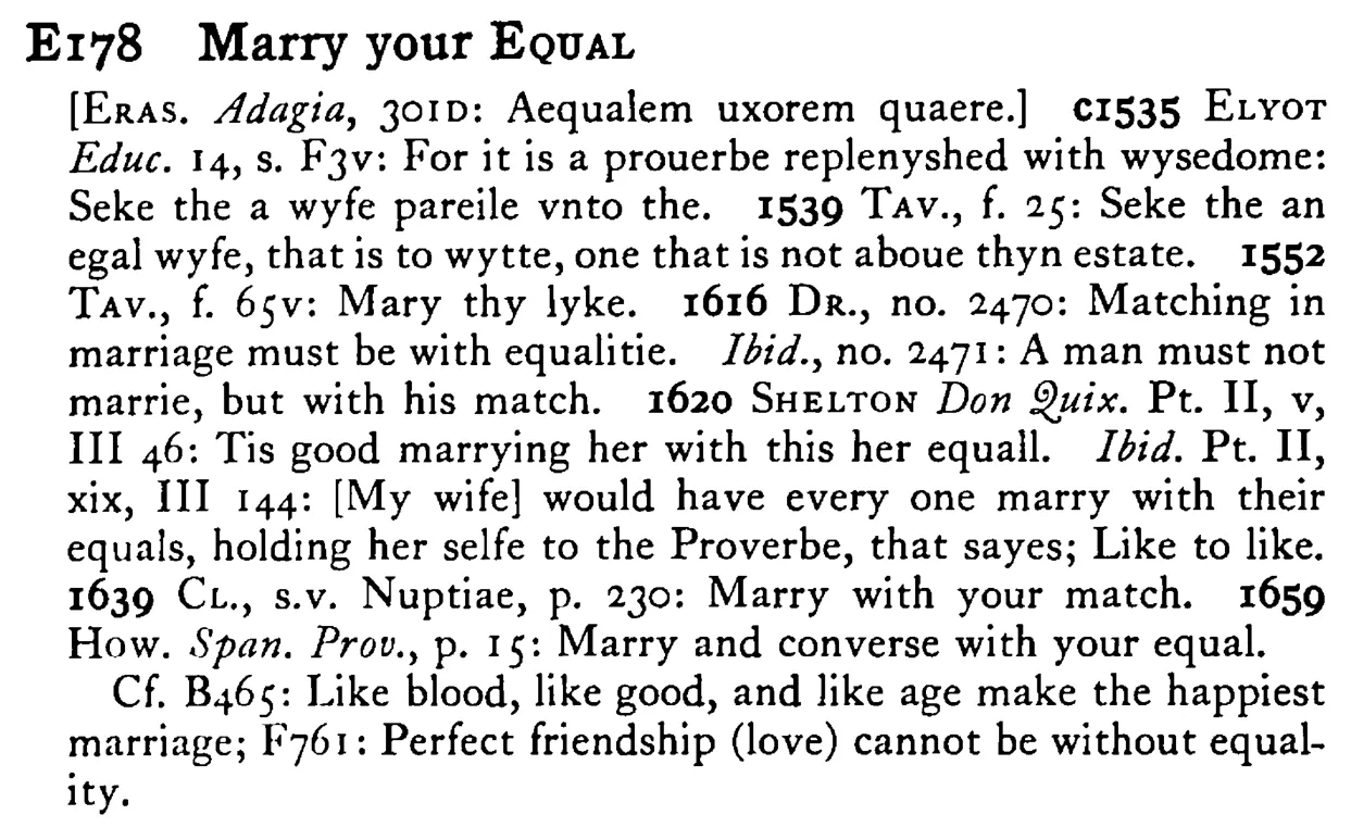 Marry your EQUAL - a scanned entry from Tilley's 1950 Dictionary of Proverbs.