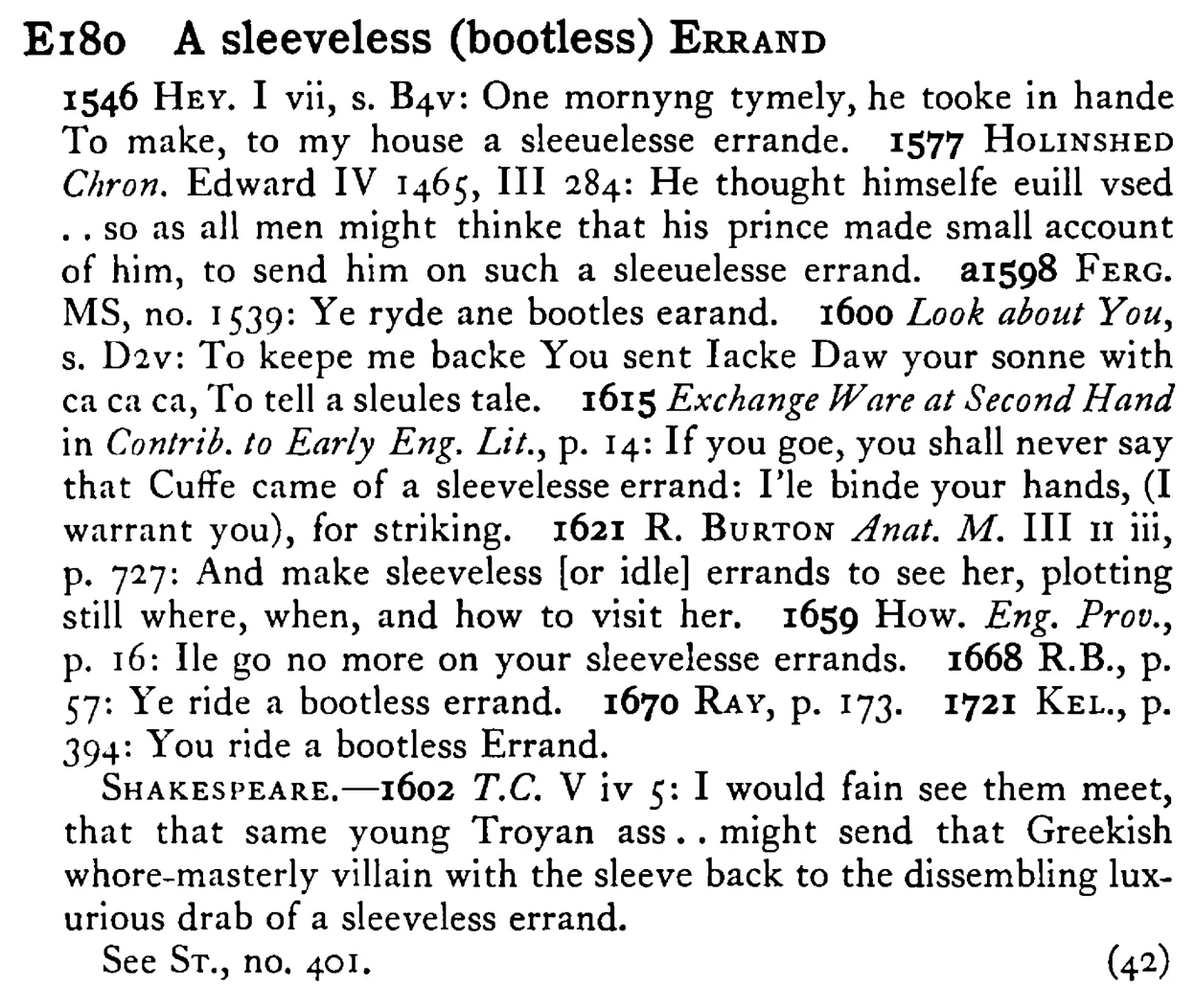 A sleeveless (bootless) ERRAND - a scanned entry from Tilley's 1950 Dictionary of Proverbs.