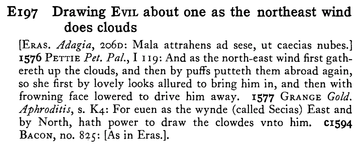 Drawing EVIL about one as the northeast wind does clouds - a scanned entry from Tilley's 1950 Dictionary of Proverbs.