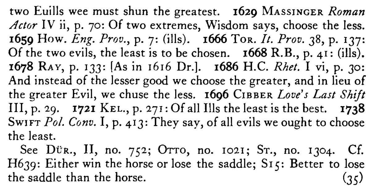 Of two EVILS (ills) choose the least - a scanned entry from Tilley's 1950 Dictionary of Proverbs. (continuation)