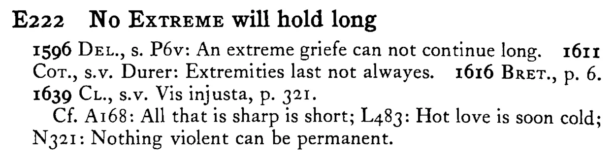 No EXTREME will hold long - a scanned entry from Tilley's 1950 Dictionary of Proverbs.