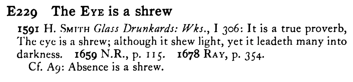 The EYE is a shrew - a scanned entry from Tilley's 1950 Dictionary of Proverbs.