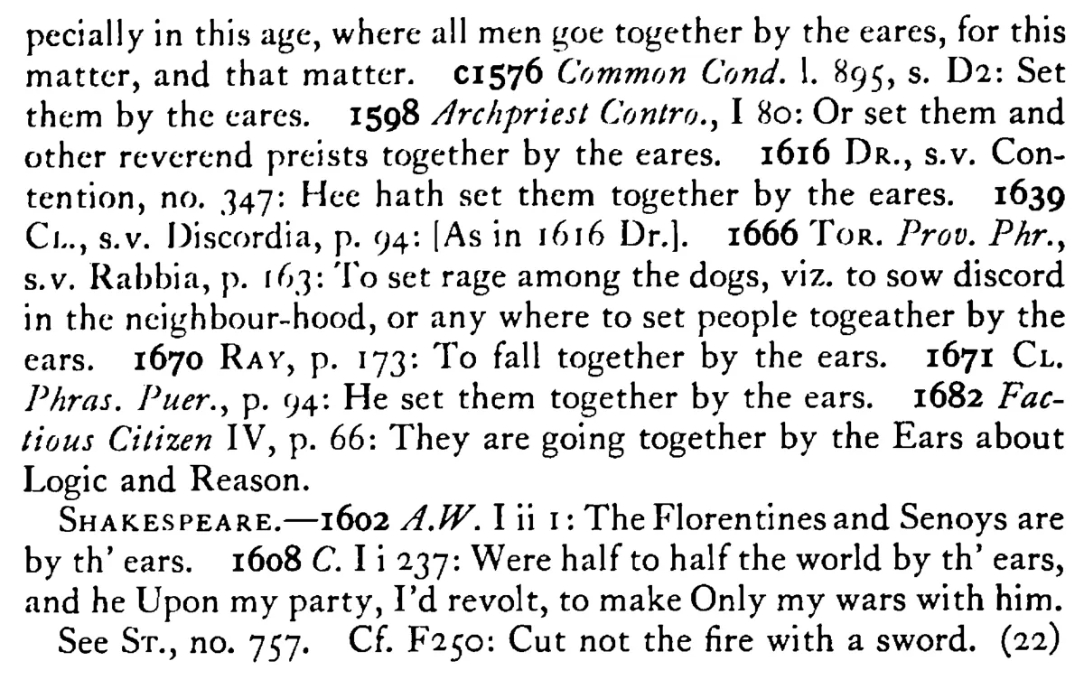 To set (fall) together by the EARS - a scanned entry from Tilley's 1950 Dictionary of Proverbs. (continuation)