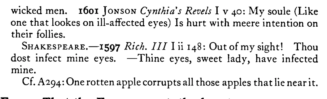 The sore EYE infects the sound - a scanned entry from Tilley's 1950 Dictionary of Proverbs. (continuation)