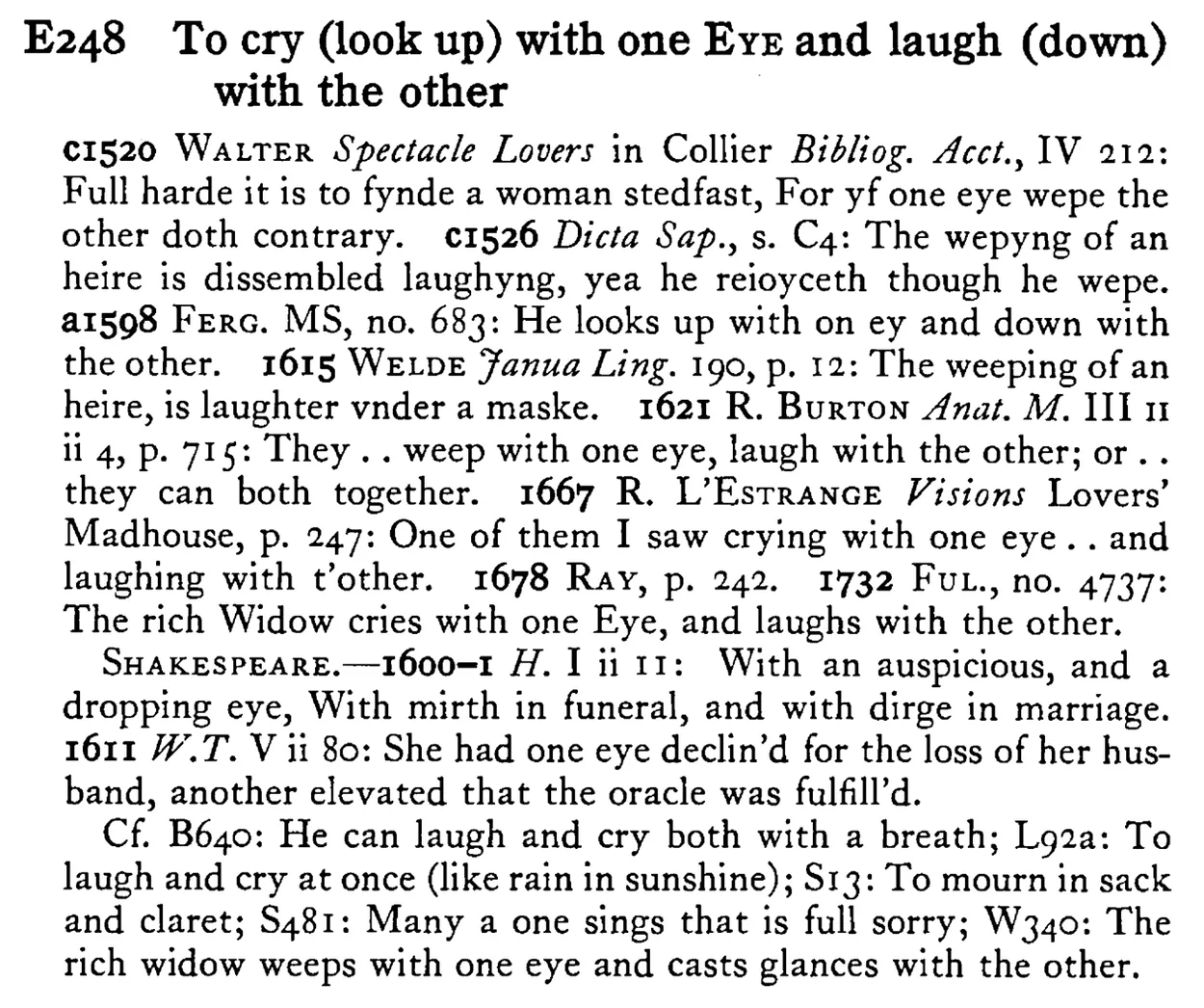 To cry (look up) with one EYE and laugh (down) with the other - a scanned entry from Tilley's 1950 Dictionary of Proverbs.