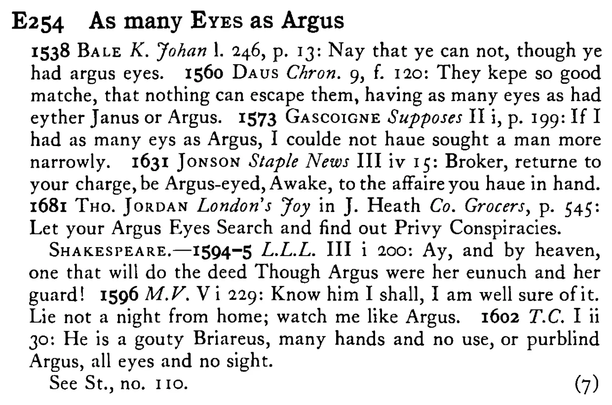 As many EYES as Argus - a scanned entry from Tilley's 1950 Dictionary of Proverbs.