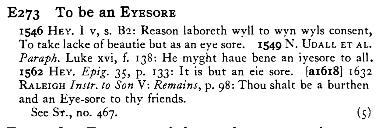 To be an EYESORE - a scanned entry from Tilley's 1950 Dictionary of Proverbs.