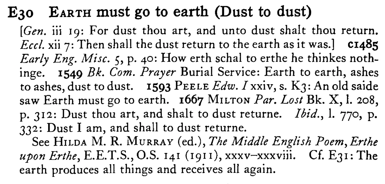EARTH must go to earth (Dust to dust) - a scanned entry from Tilley's 1950 Dictionary of Proverbs.