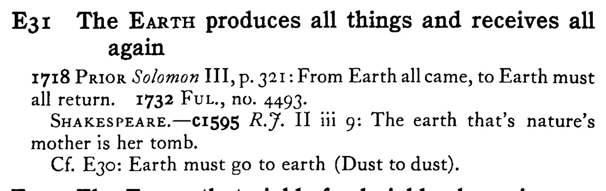 The EARTH produces all things and receives all again - a scanned entry from Tilley's 1950 Dictionary of Proverbs.