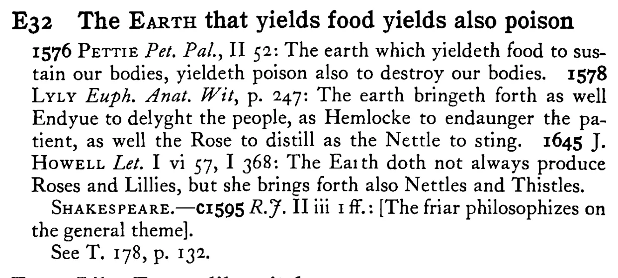 The EARTH that yields food yields also poison - a scanned entry from Tilley's 1950 Dictionary of Proverbs.