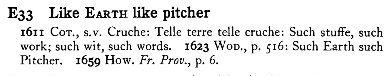 Like EARTH like pitcher - a scanned entry from Tilley's 1950 Dictionary of Proverbs.