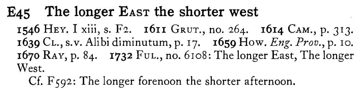 The longer EAST the shorter west - a scanned entry from Tilley's 1950 Dictionary of Proverbs.