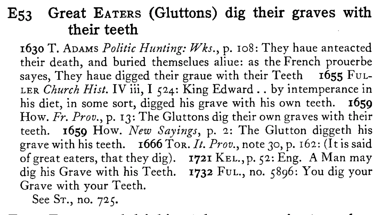 Great EATERS (Gluttons) dig their graves with their teeth - a scanned entry from Tilley's 1950 Dictionary of Proverbs.