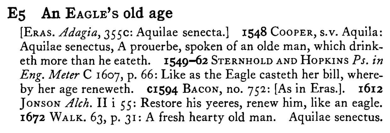 An EAGLE's old age - a scanned entry from Tilley's 1950 Dictionary of Proverbs.