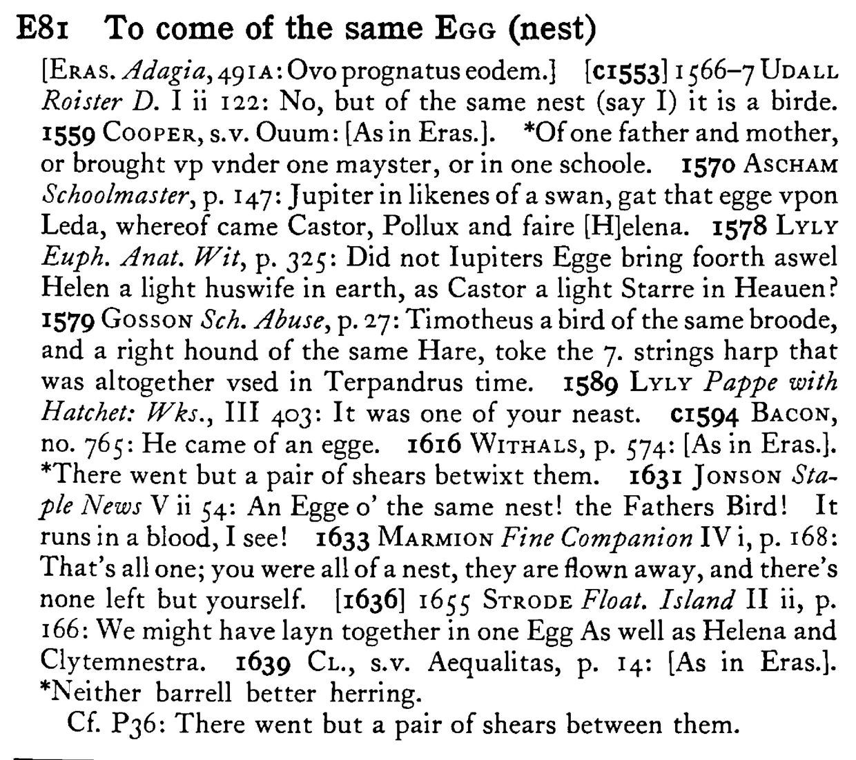 To come of the same EGG (nest) - a scanned entry from Tilley's 1950 Dictionary of Proverbs.