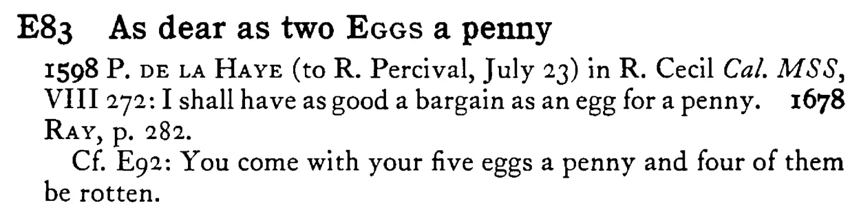 As dear as two EGGS a penny - a scanned entry from Tilley's 1950 Dictionary of Proverbs.