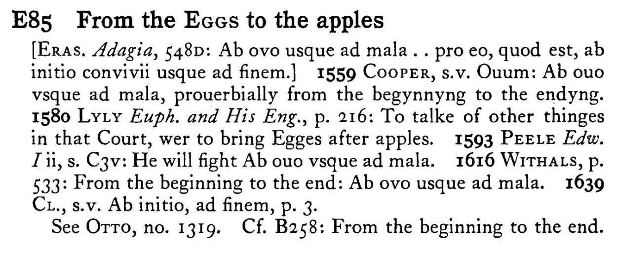 From the EGGS to the apples - a scanned entry from Tilley's 1950 Dictionary of Proverbs.