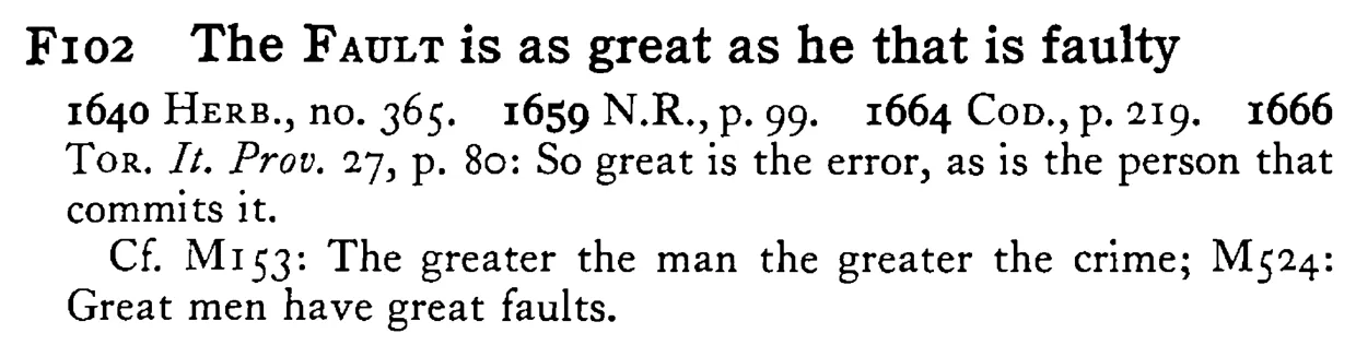 The FAULT is as great as he that is faulty - a scanned entry from Tilley's 1950 Dictionary of Proverbs.