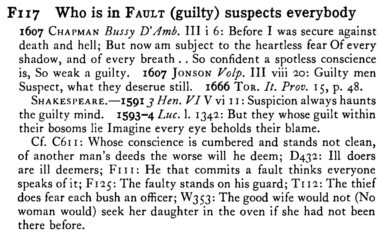 Who is in FAULT (guilty) suspects everybody - a scanned entry from Tilley's 1950 Dictionary of Proverbs.