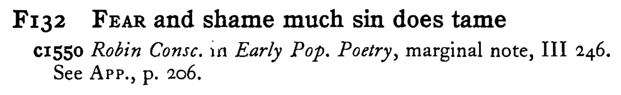 FEAR and shame much sin does tame - a scanned entry from Tilley's 1950 Dictionary of Proverbs.