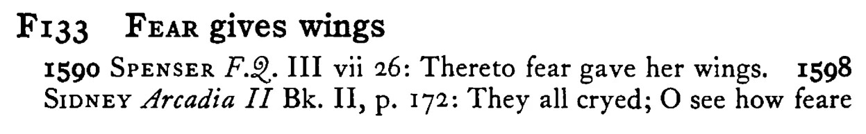 FEAR gives wings - a scanned entry from Tilley's 1950 Dictionary of Proverbs.