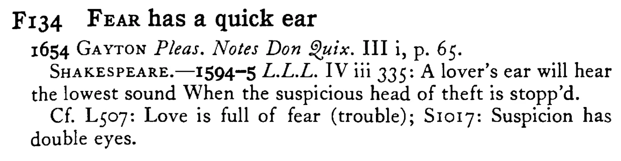 FEAR has a quick ear - a scanned entry from Tilley's 1950 Dictionary of Proverbs.