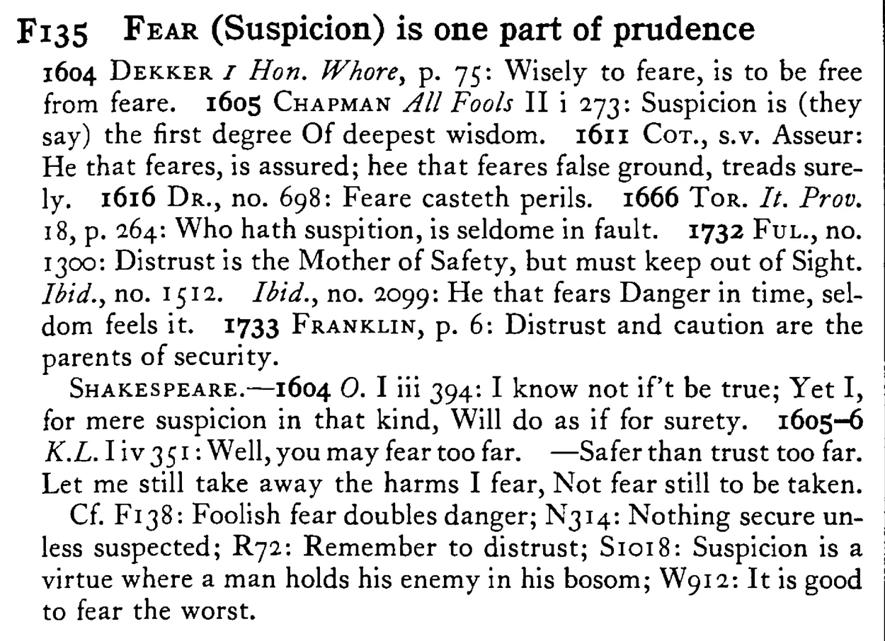 FEAR (Suspicion) is one part of prudence - a scanned entry from Tilley's 1950 Dictionary of Proverbs.