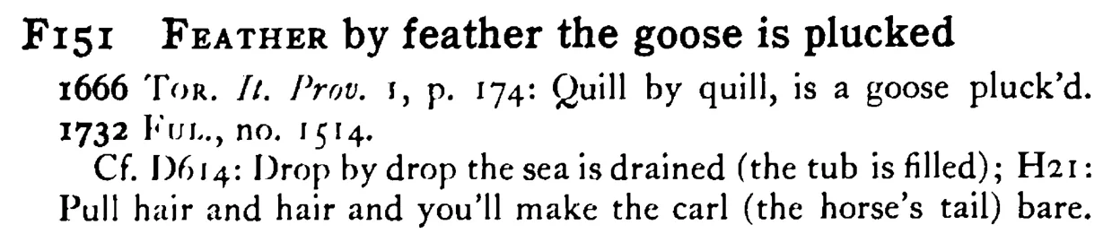 FEATHER by feather the goose is plucked - a scanned entry from Tilley's 1950 Dictionary of Proverbs.