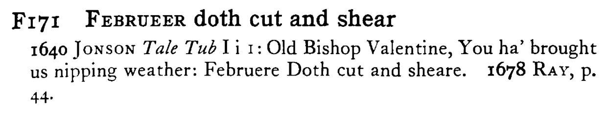 FEBRUEER doth cut and shear - a scanned entry from Tilley's 1950 Dictionary of Proverbs.