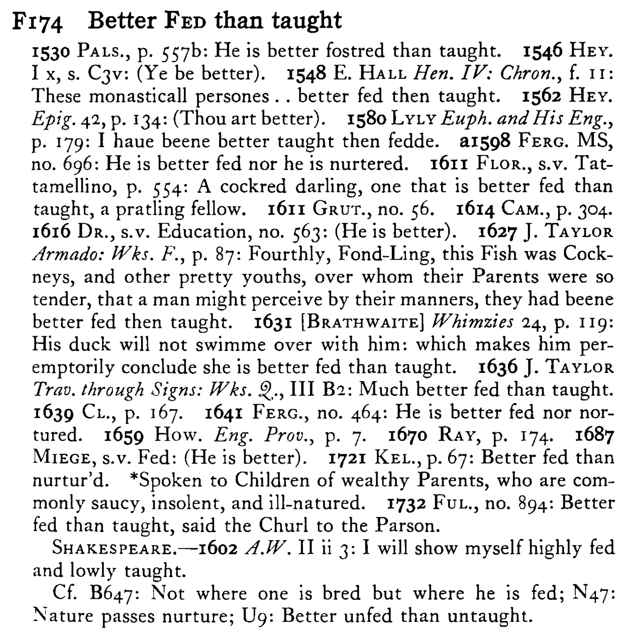 Better FED than taught - a scanned entry from Tilley's 1950 Dictionary of Proverbs.