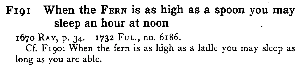 When the FERN is as high as a spoon you may sleep an hour at noon - a scanned entry from Tilley's 1950 Dictionary of Proverbs.