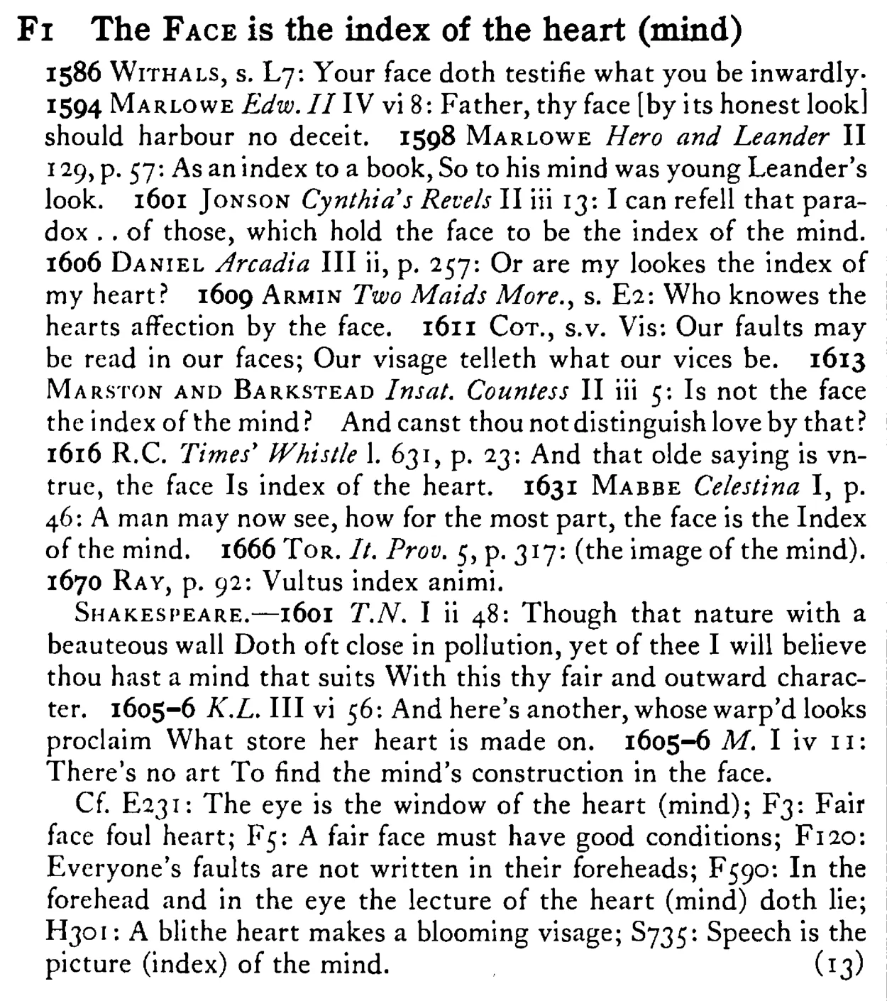 The FACE is the index of the heart (mind) - a scanned entry from Tilley's 1950 Dictionary of Proverbs.