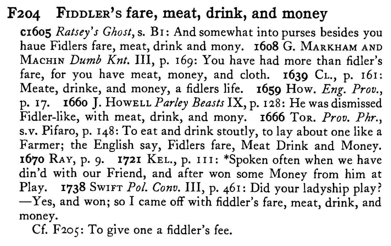 FIDDLER's fare, meat, drink, and money - a scanned entry from Tilley's 1950 Dictionary of Proverbs.