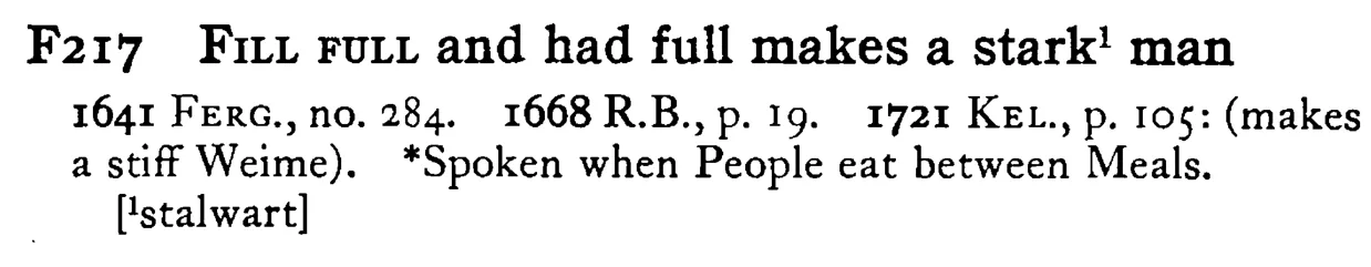 FILL FULL and had full makes a stark¹ man - a scanned entry from Tilley's 1950 Dictionary of Proverbs.