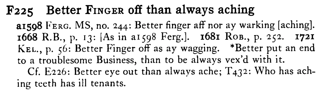 Better FINGER off than always aching - a scanned entry from Tilley's 1950 Dictionary of Proverbs.