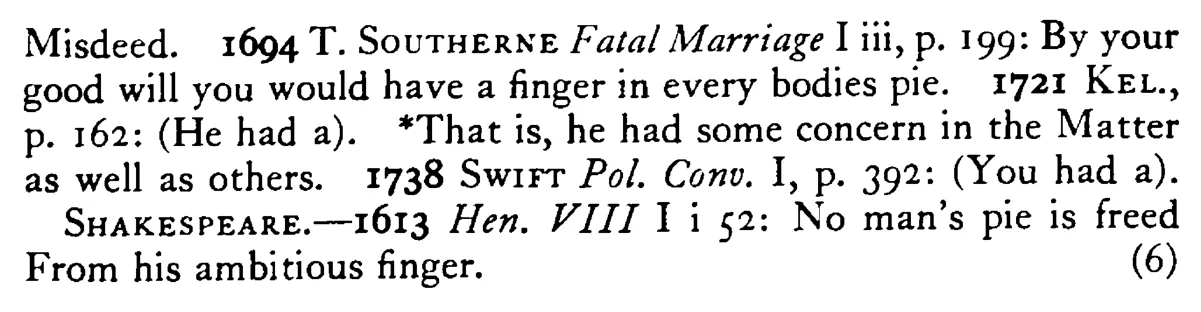 To have a FINGER (hand) in the pie (matter) - a scanned entry from Tilley's 1950 Dictionary of Proverbs. (continuation)