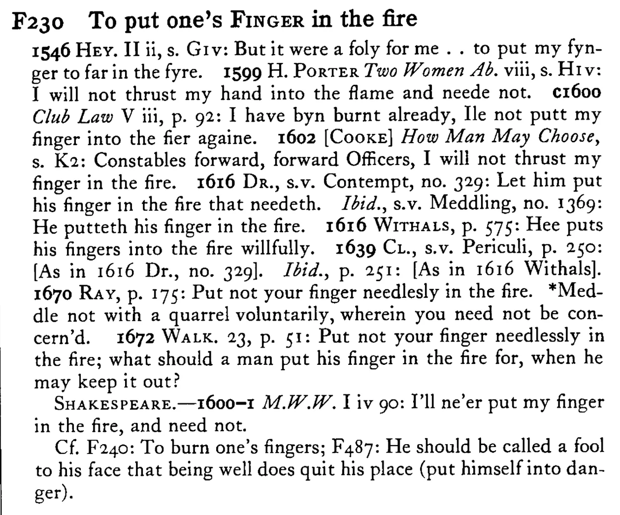 To put one's FINGER in the fire - a scanned entry from Tilley's 1950 Dictionary of Proverbs.