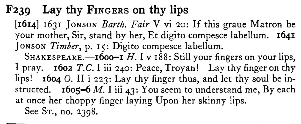 Lay thy FINGERS on thy lips - a scanned entry from Tilley's 1950 Dictionary of Proverbs.