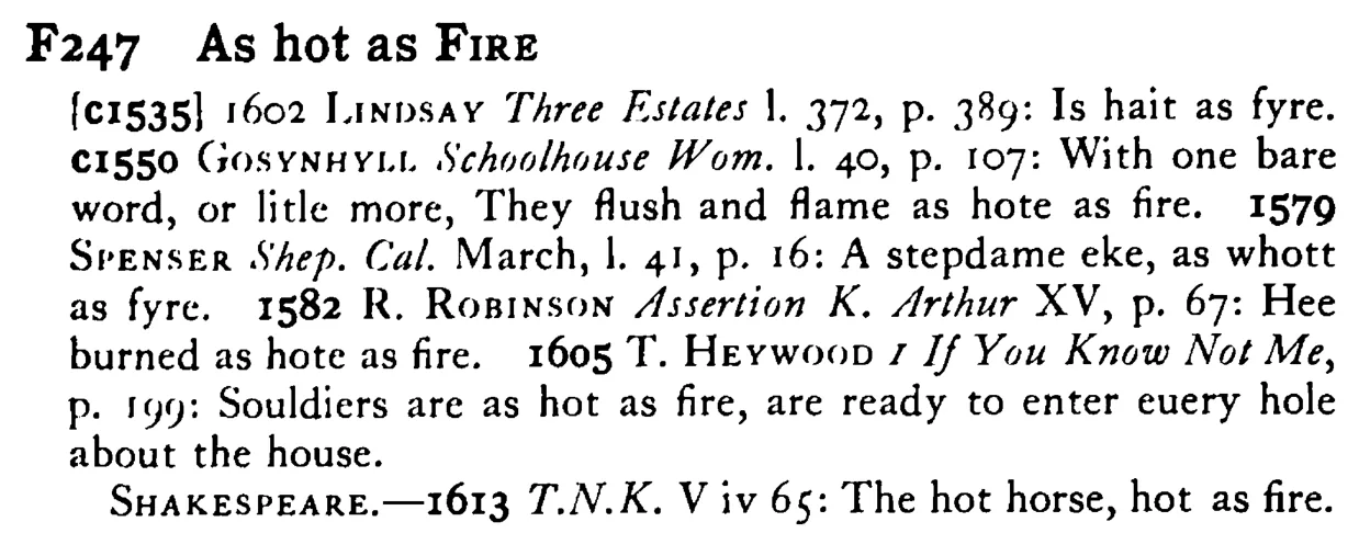 As hot as FIRE - a scanned entry from Tilley's 1950 Dictionary of Proverbs.