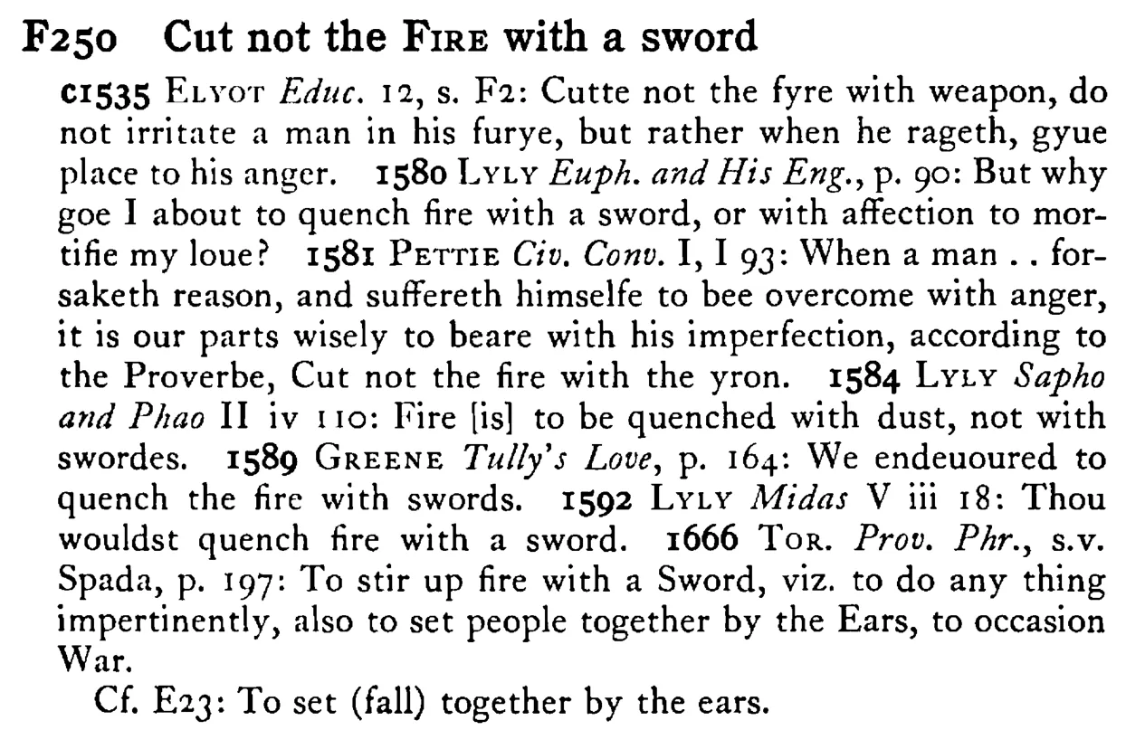 Cut not the FIRE with a sword - a scanned entry from Tilley's 1950 Dictionary of Proverbs.