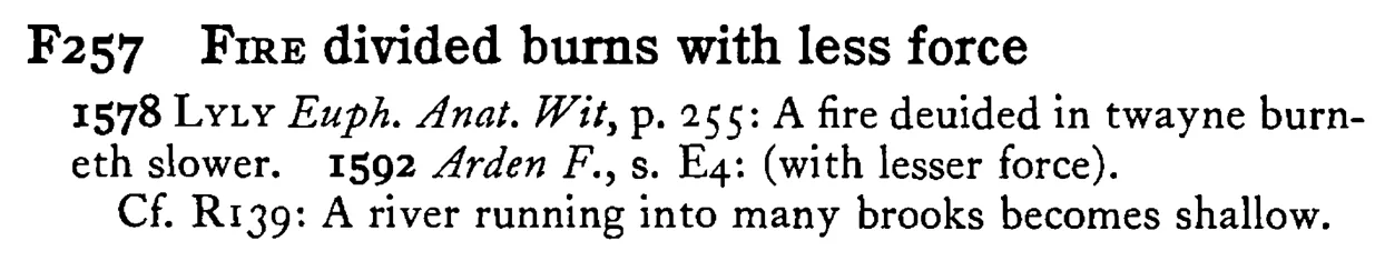 FIRE divided burns with less force - a scanned entry from Tilley's 1950 Dictionary of Proverbs.