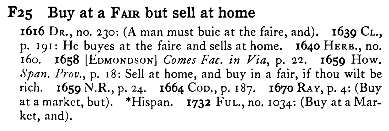 Buy at a FAIR but sell at home - a scanned entry from Tilley's 1950 Dictionary of Proverbs.