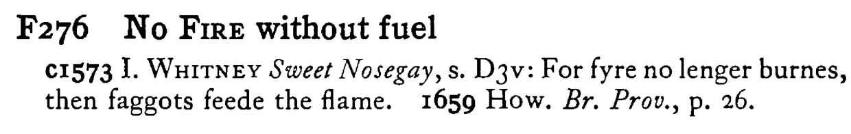 No FIRE without fuel - a scanned entry from Tilley's 1950 Dictionary of Proverbs.